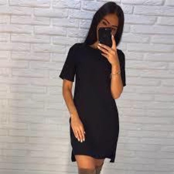 Mario Serrani Shift Knee Length Short Sleeve Casula Dress Navy Dark Blue Medium - Picture 1 of 10